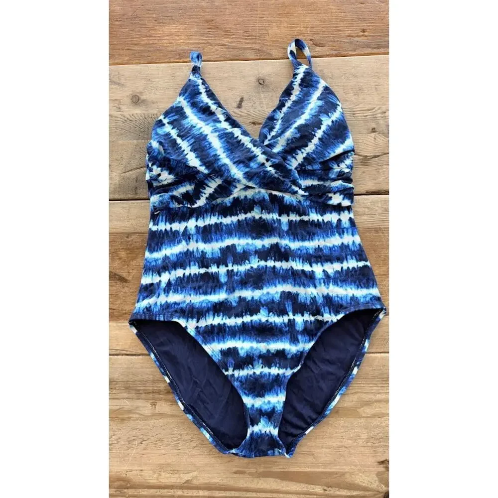 Tommy Bahama Blue White Tie Dye SIZE 10 Tide Stripes Twist Front One Piece